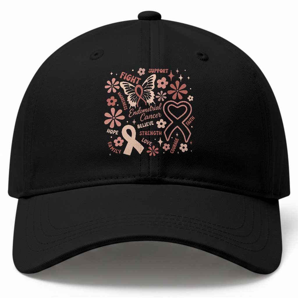 Floral Butterfly Endometrial Cancer Awareness Baseball Cap Believe Strength Faith
