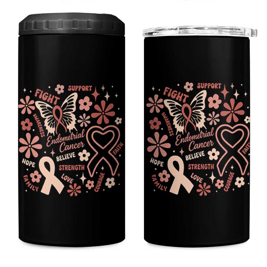 Floral Butterfly Endometrial Cancer Awareness 4 in 1 Can Cooler Tumbler Believe Strength Faith