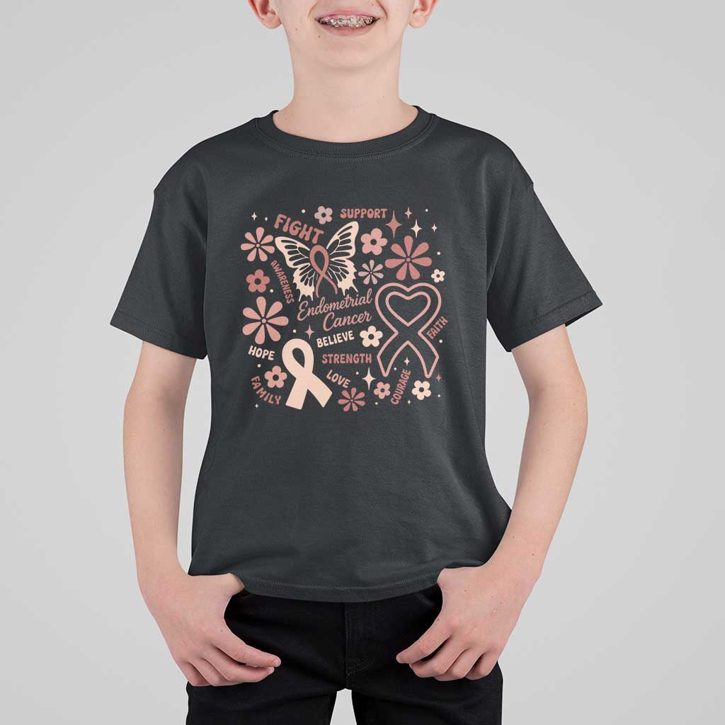 Floral Butterfly Endometrial Cancer Awareness T Shirt For Kid Believe Strength Faith