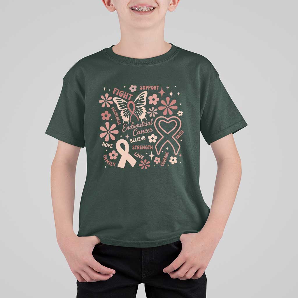 Floral Butterfly Endometrial Cancer Awareness T Shirt For Kid Believe Strength Faith