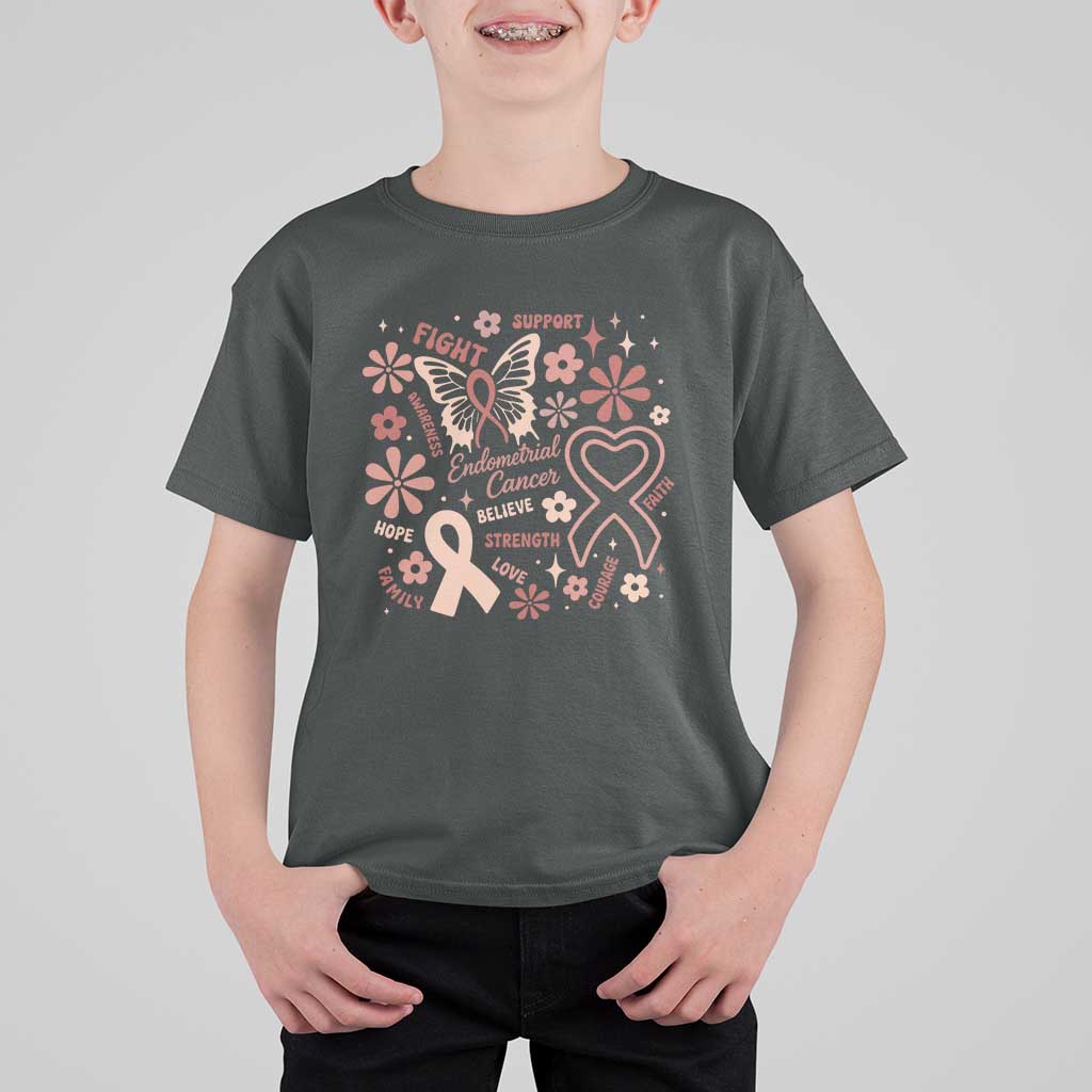 Floral Butterfly Endometrial Cancer Awareness T Shirt For Kid Believe Strength Faith