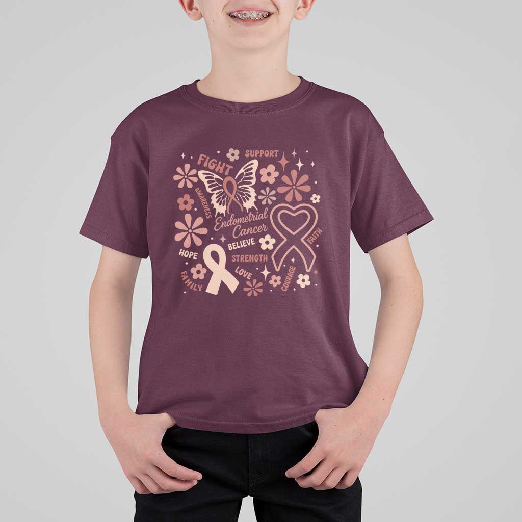 Floral Butterfly Endometrial Cancer Awareness T Shirt For Kid Believe Strength Faith