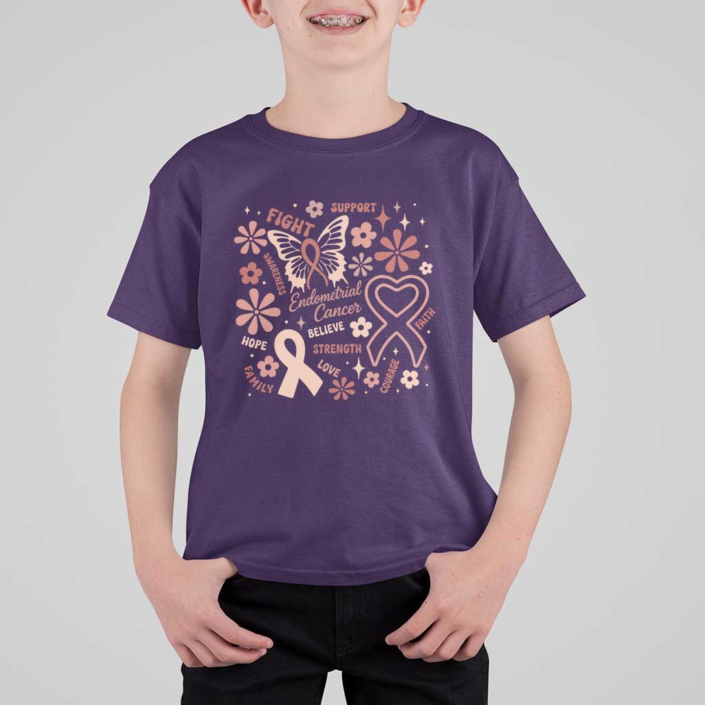 Floral Butterfly Endometrial Cancer Awareness T Shirt For Kid Believe Strength Faith