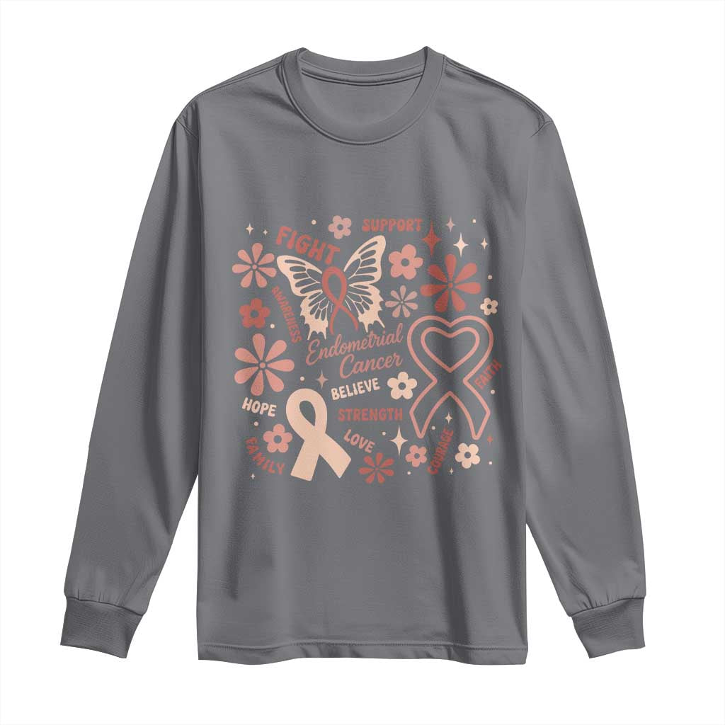 Floral Butterfly Endometrial Cancer Awareness Long Sleeve Shirt Believe Strength Faith