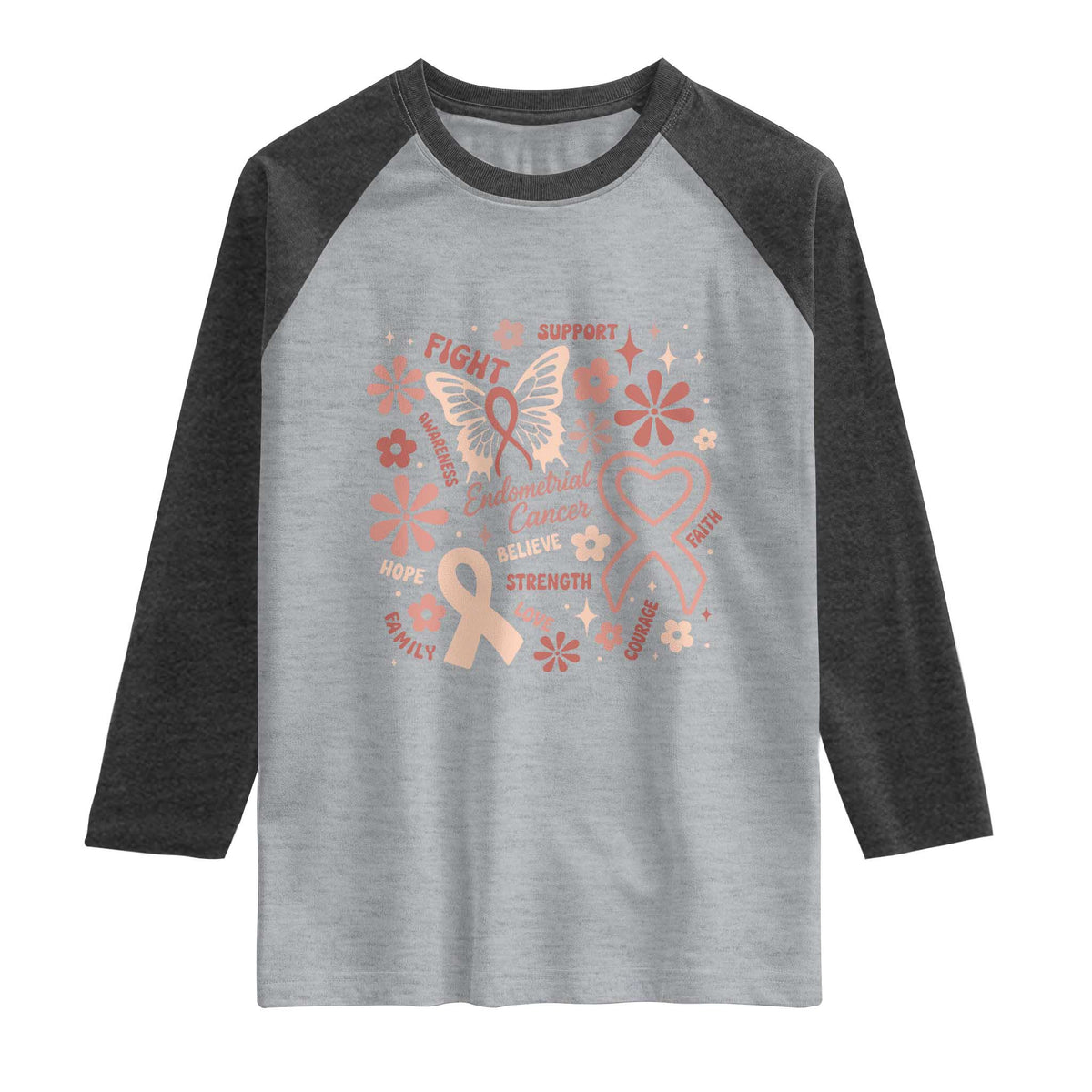 Floral Butterfly Endometrial Cancer Awareness Raglan Shirt Believe Strength Faith