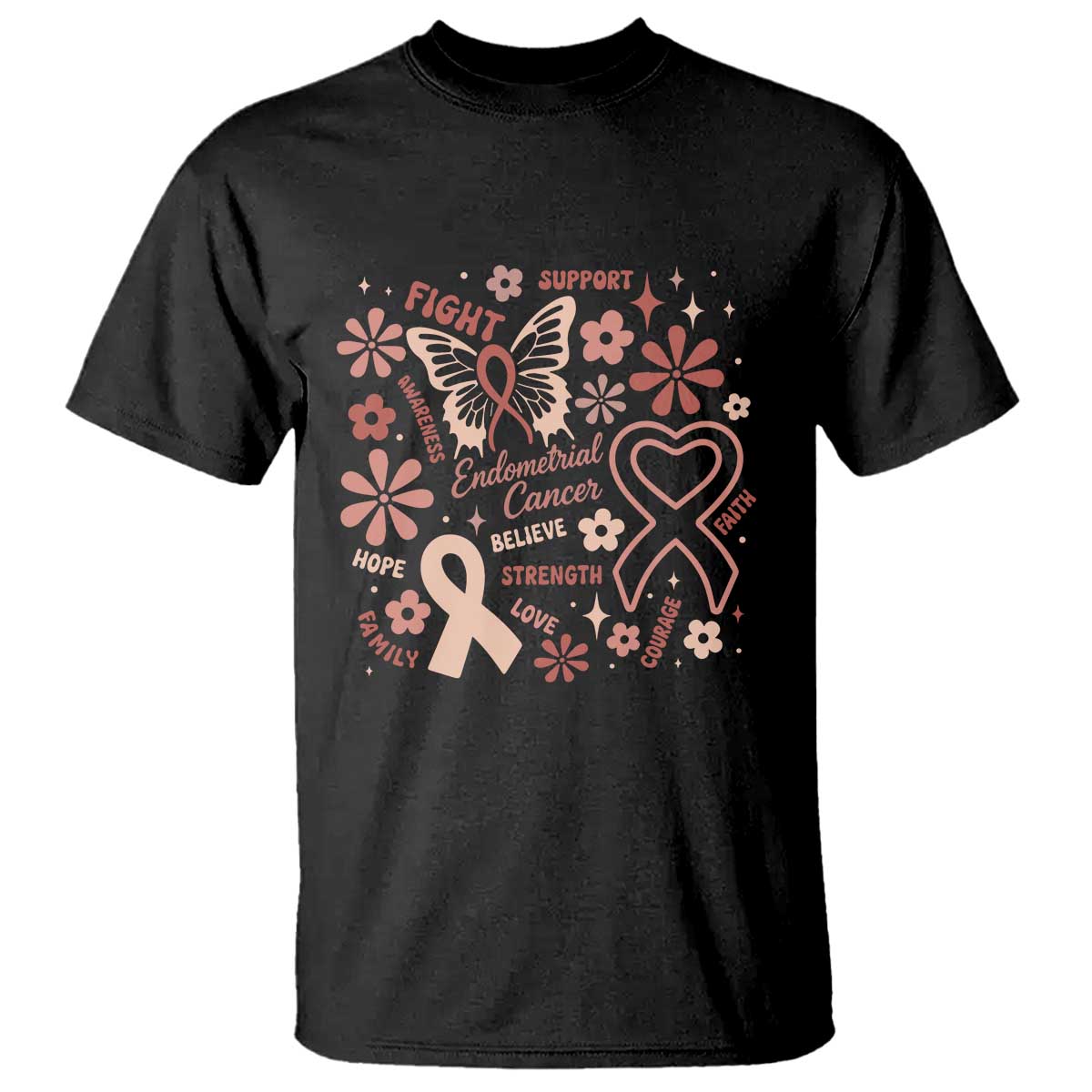 Floral Butterfly Endometrial Cancer Awareness T Shirt Believe Strength Faith