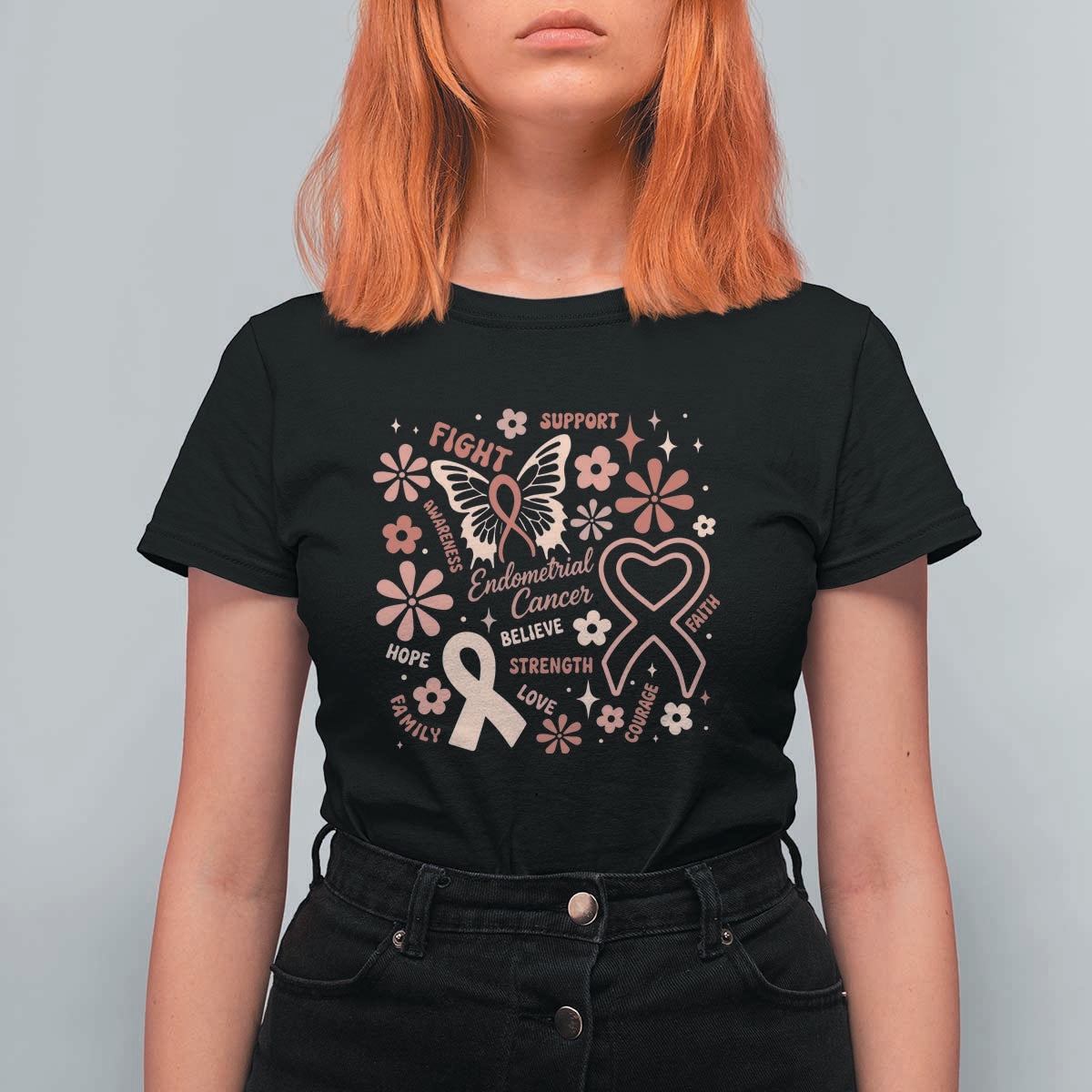 Floral Butterfly Endometrial Cancer Awareness T Shirt For Women Believe Strength Faith