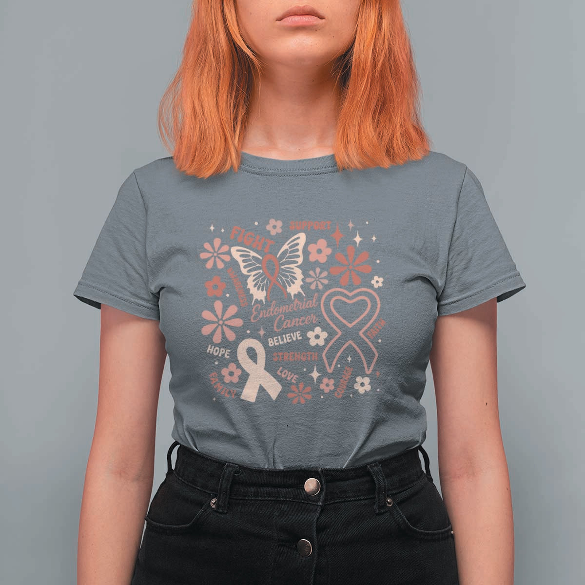 Floral Butterfly Endometrial Cancer Awareness T Shirt For Women Believe Strength Faith
