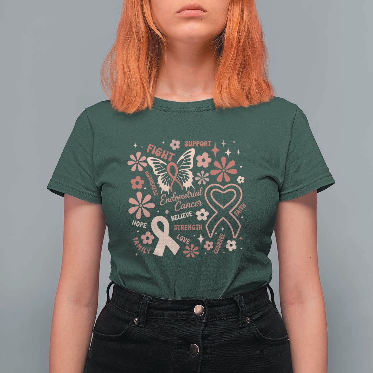 Floral Butterfly Endometrial Cancer Awareness T Shirt For Women Believe Strength Faith