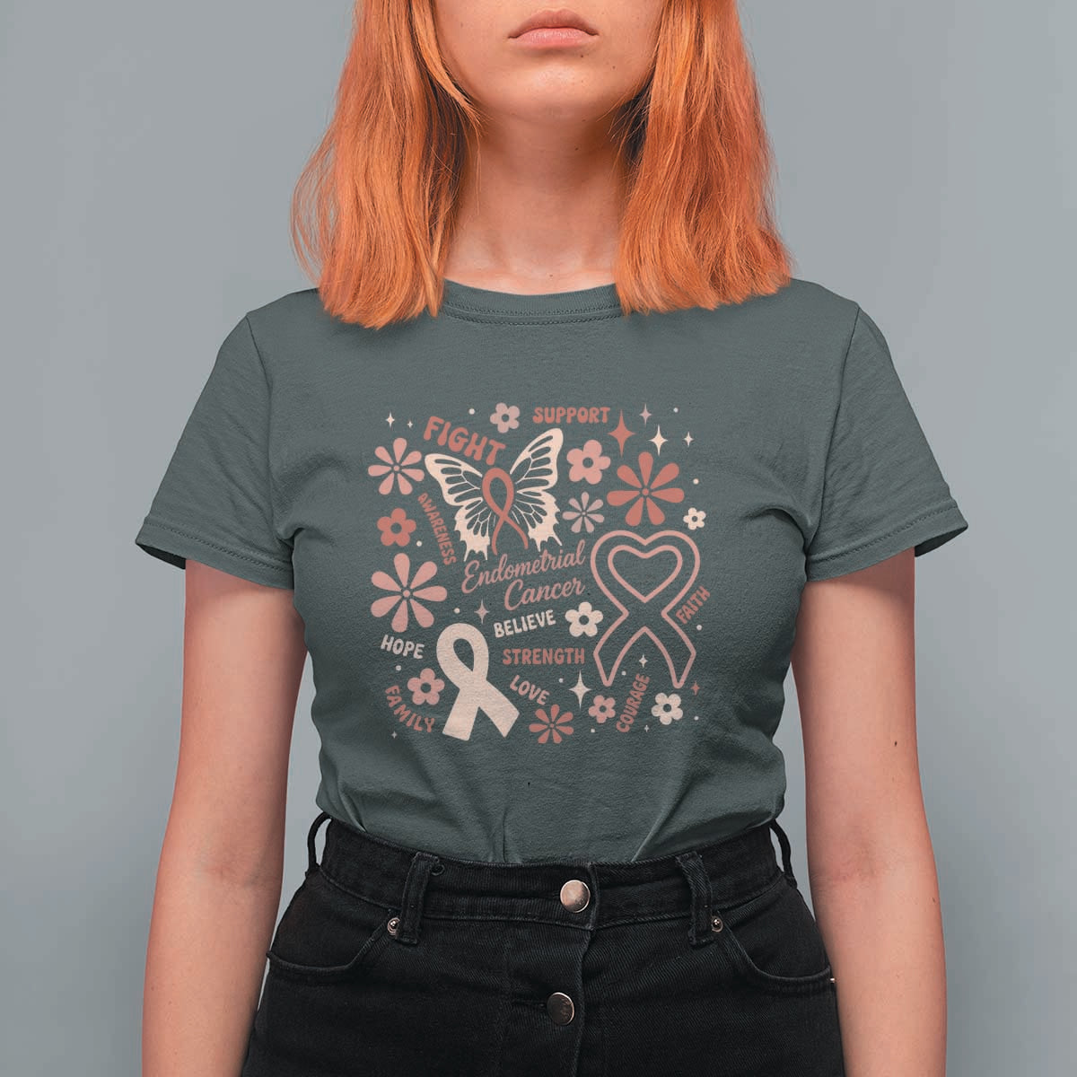 Floral Butterfly Endometrial Cancer Awareness T Shirt For Women Believe Strength Faith