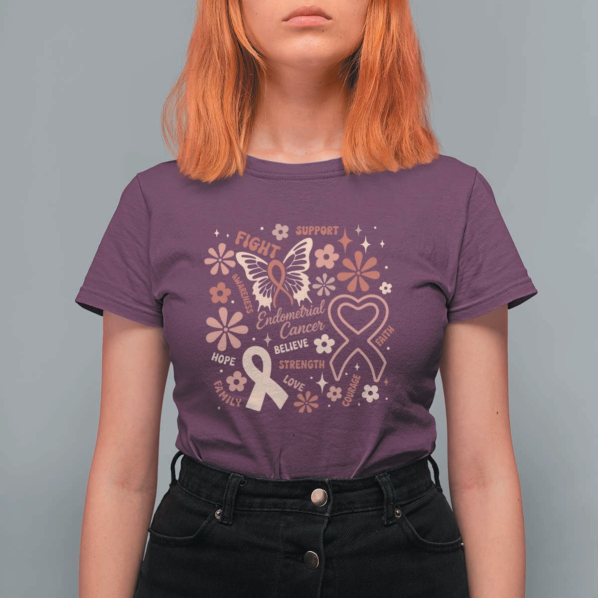 Floral Butterfly Endometrial Cancer Awareness T Shirt For Women Believe Strength Faith