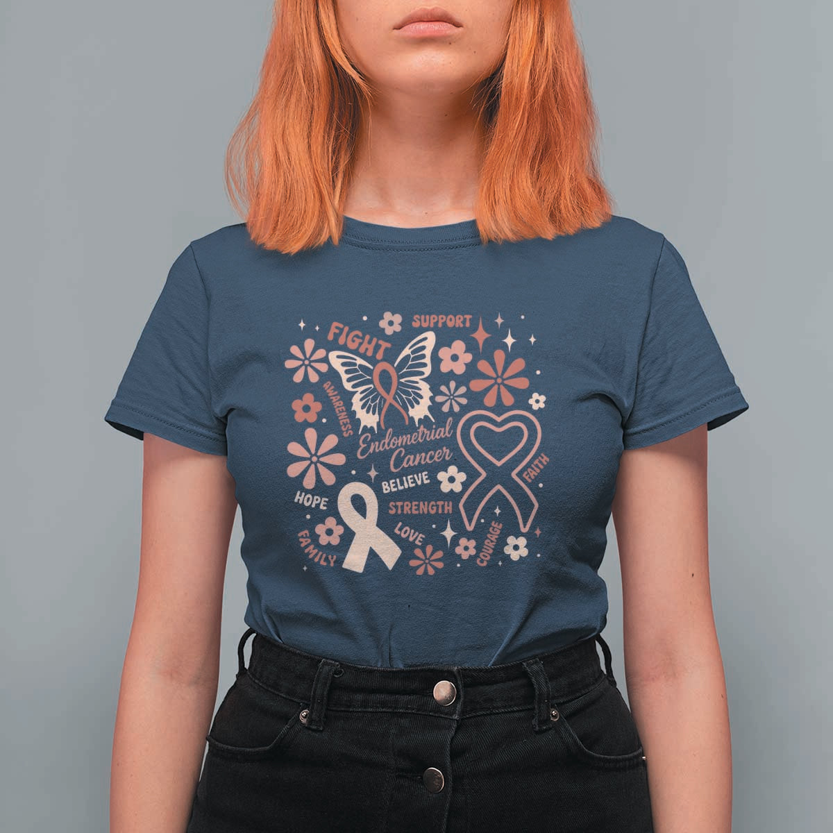 Floral Butterfly Endometrial Cancer Awareness T Shirt For Women Believe Strength Faith