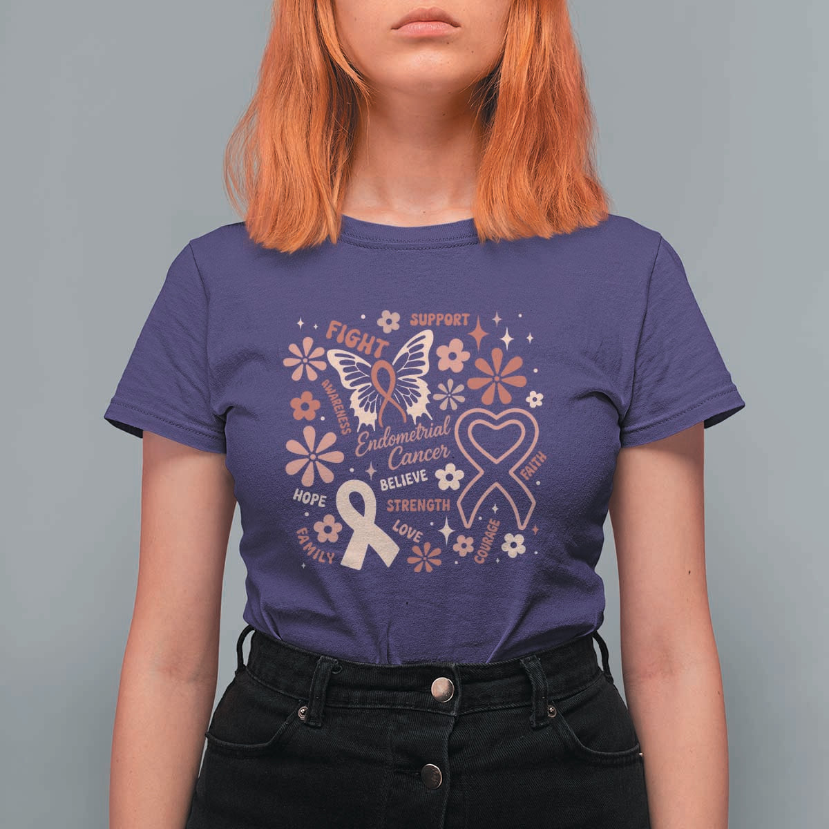 Floral Butterfly Endometrial Cancer Awareness T Shirt For Women Believe Strength Faith