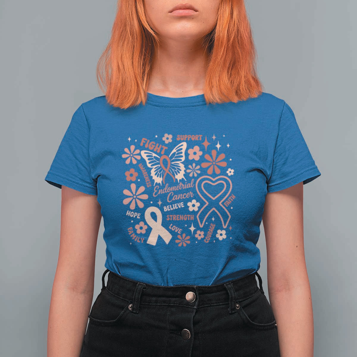 Floral Butterfly Endometrial Cancer Awareness T Shirt For Women Believe Strength Faith