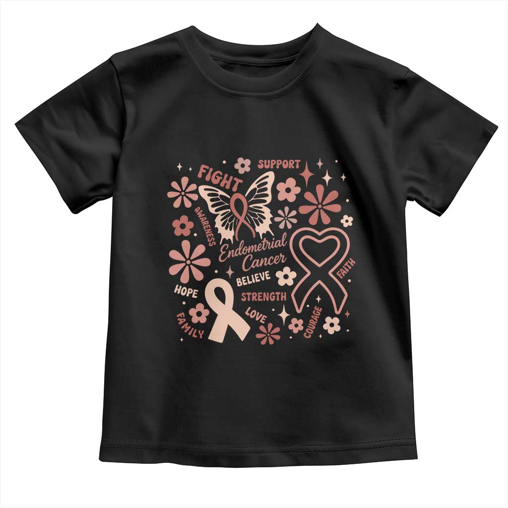 Floral Butterfly Endometrial Cancer Awareness Toddler T Shirt Believe Strength Faith