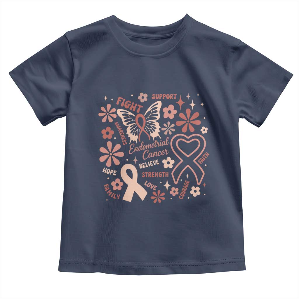 Floral Butterfly Endometrial Cancer Awareness Toddler T Shirt Believe Strength Faith