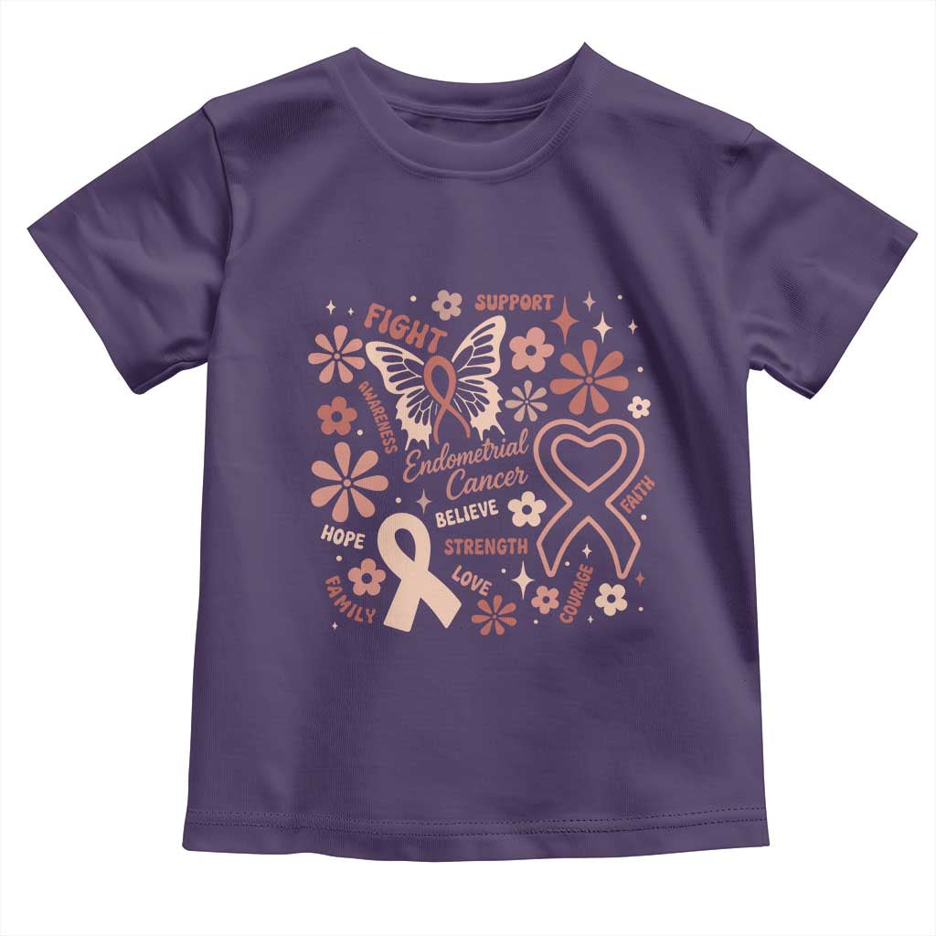 Floral Butterfly Endometrial Cancer Awareness Toddler T Shirt Believe Strength Faith