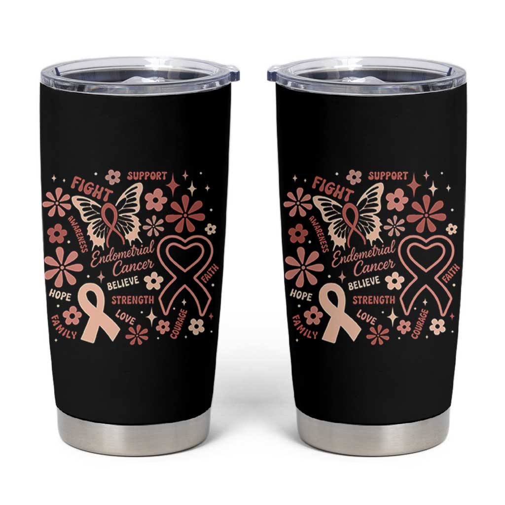 Floral Butterfly Endometrial Cancer Awareness Tumbler Cup Believe Strength Faith