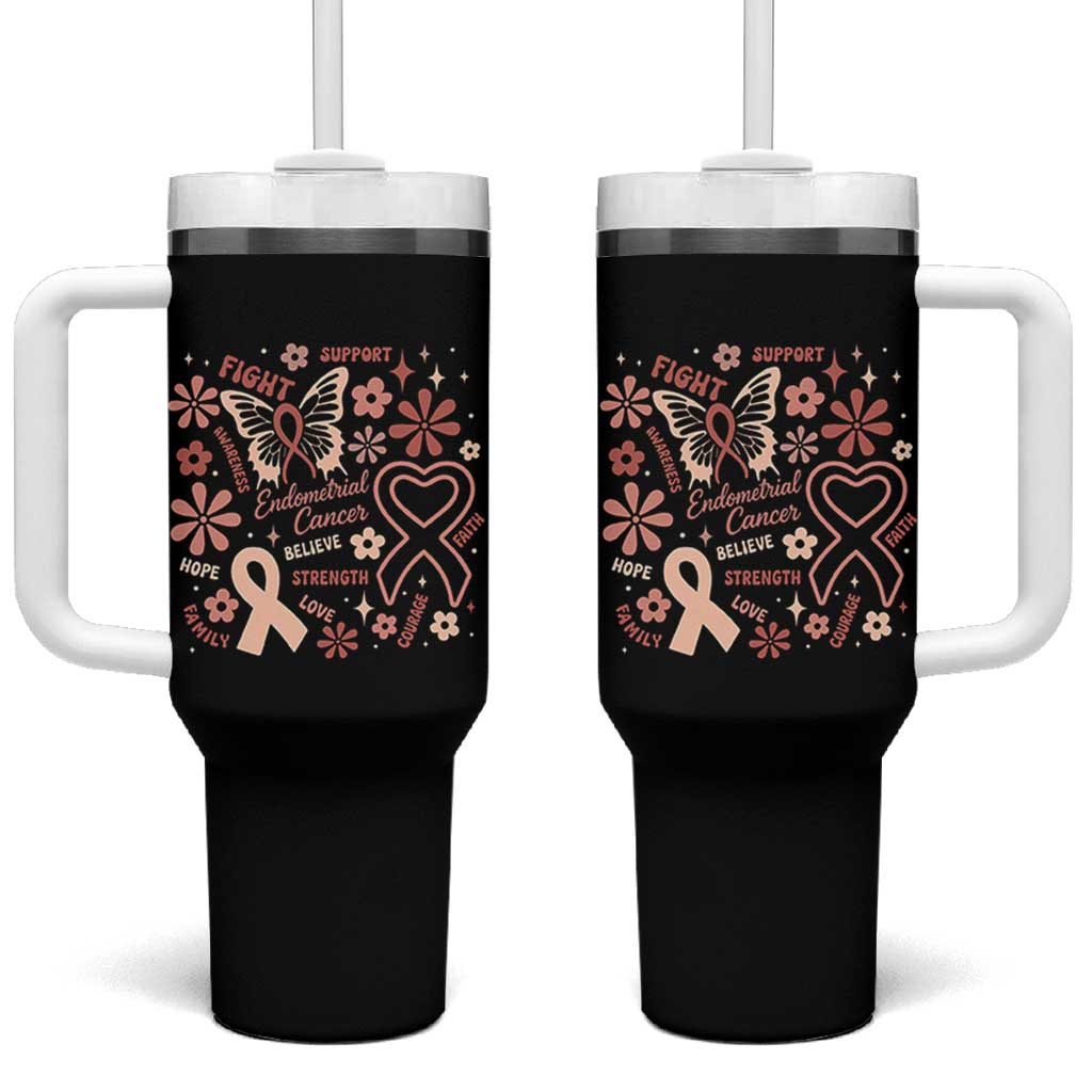 Floral Butterfly Endometrial Cancer Awareness Tumbler With Handle Believe Strength Faith