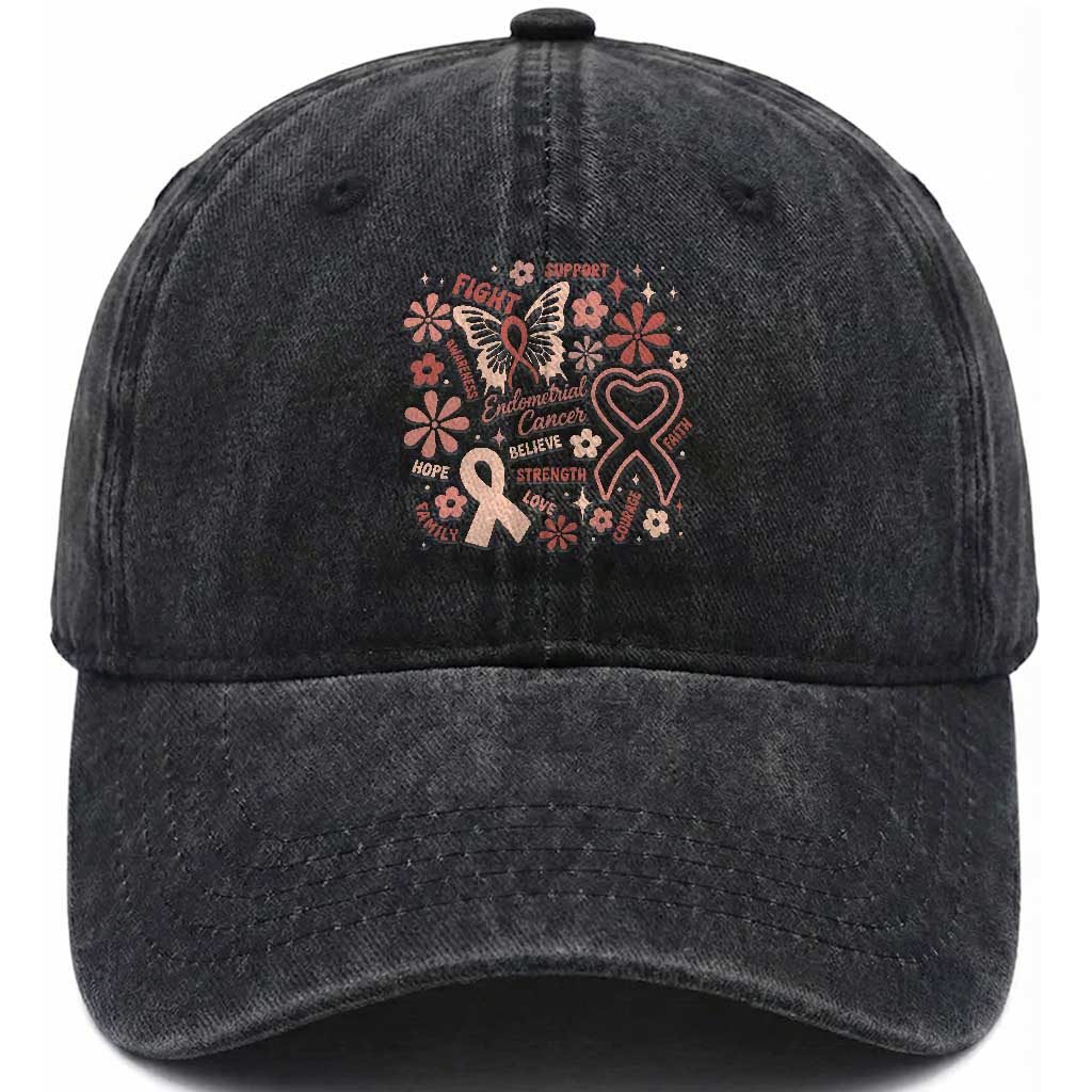 Floral Butterfly Endometrial Cancer Awareness Washed Cotton Baseball Cap Believe Strength Faith