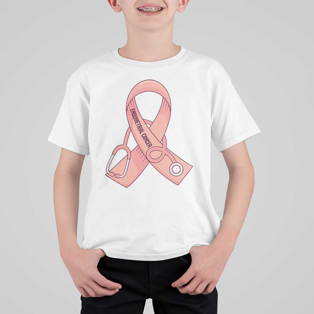 Endometrial Cancer Healthcare Warrior T Shirt For Kid Peach Stethoscope Nurse