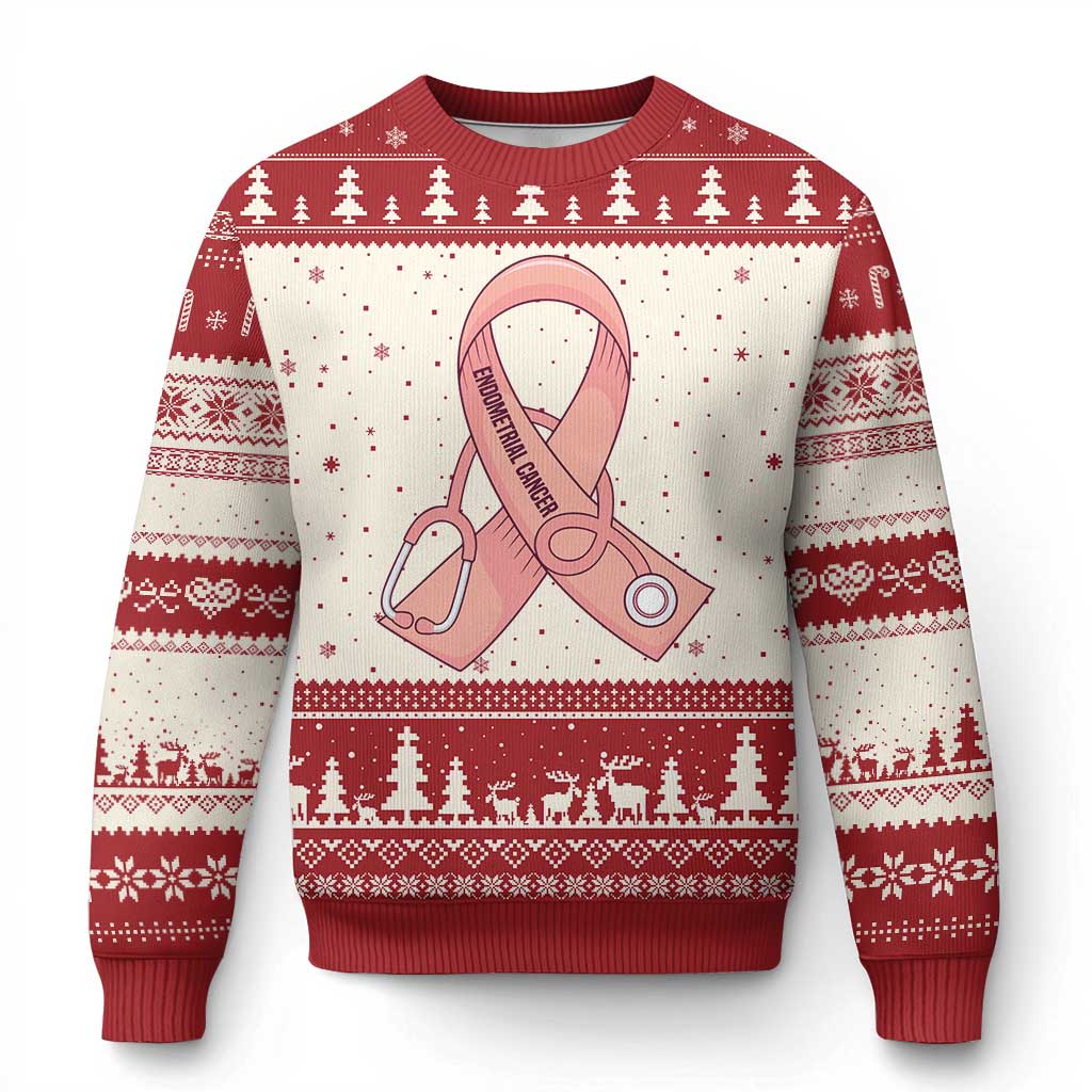 Endometrial Cancer Healthcare Warrior Ugly Christmas Sweater Peach Stethoscope Nurse