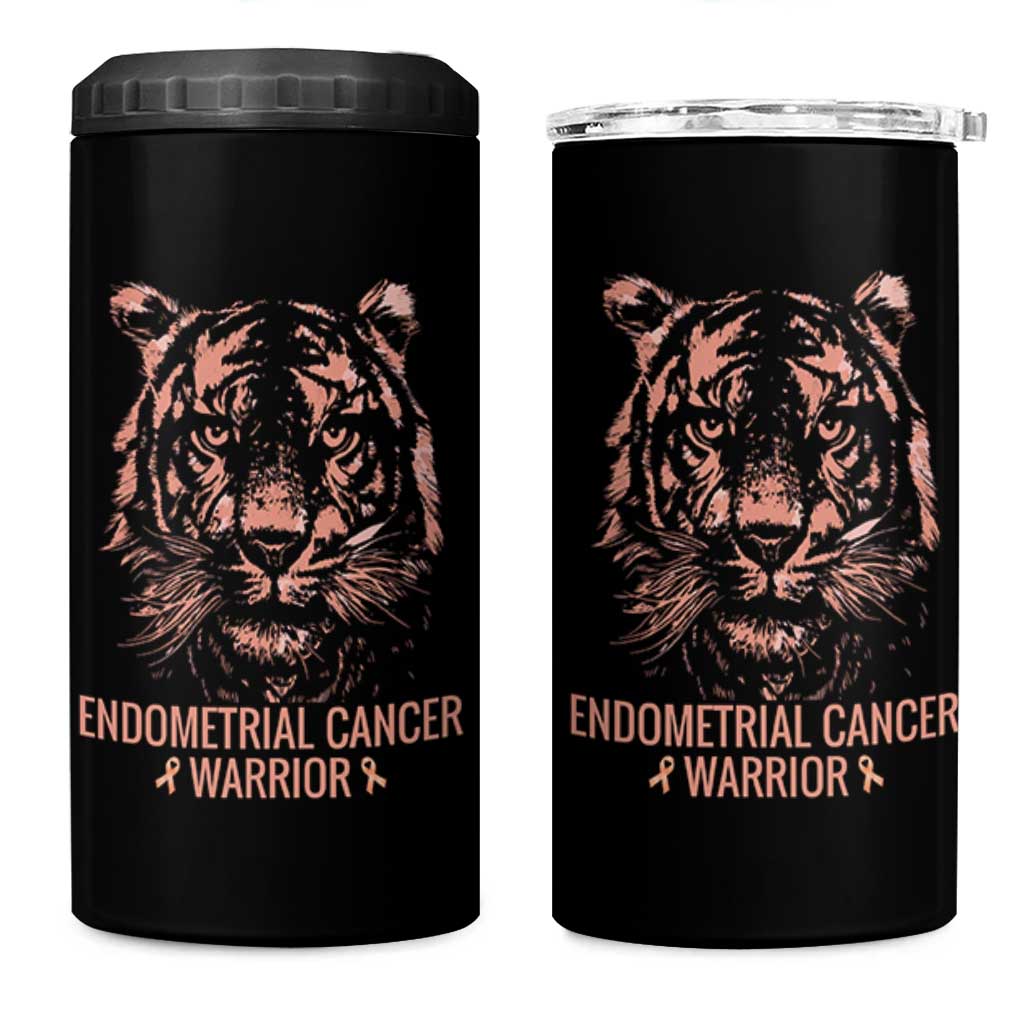 Endometrial Cancer Warrior Tiger 4 in 1 Can Cooler Tumbler Strength Courage Hope