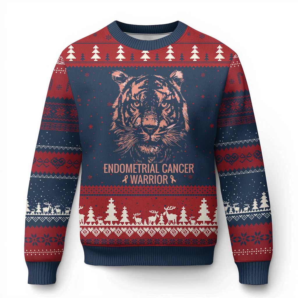Endometrial Cancer Warrior Tiger Ugly Christmas Sweater Strength Courage Hope