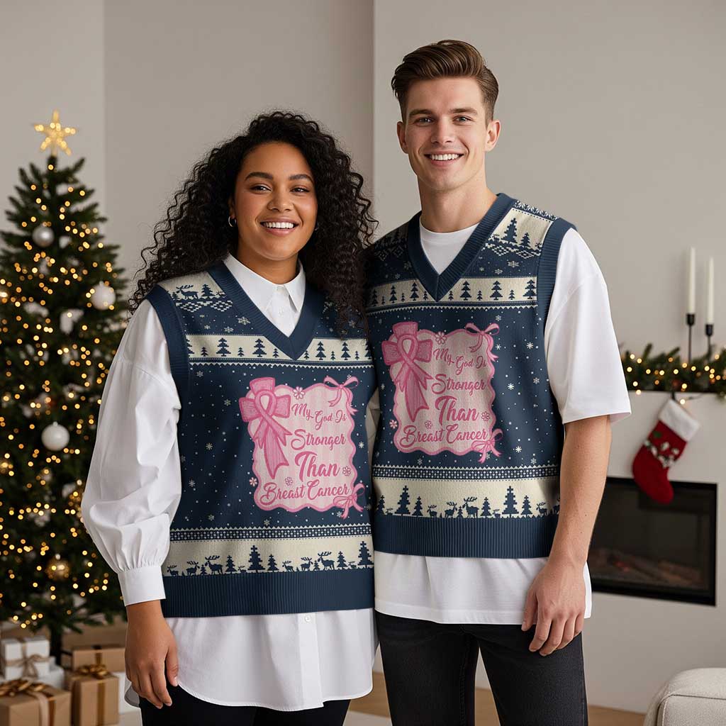 My God Is Stronger Than Breast Cancer V-Neck Knit Sweater Vest Christian Support Gift