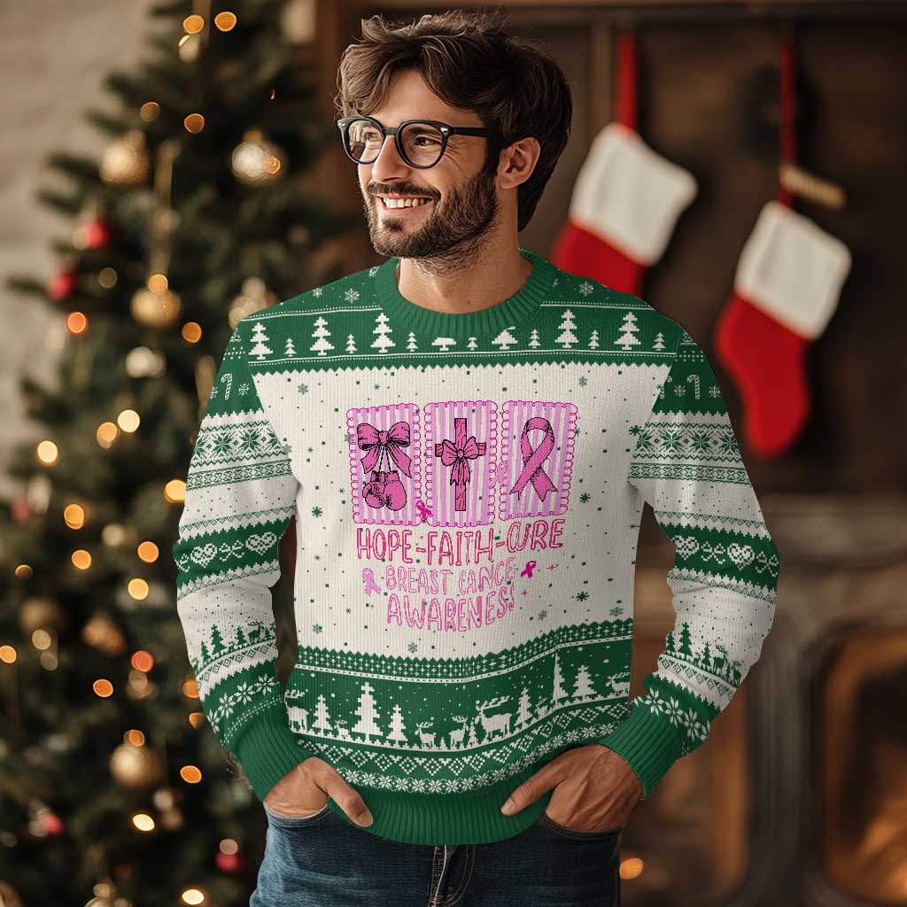Hope Faith Cure Breast Cancer Awareness Ugly Christmas Sweater Pink Ribbon Survivor Support Gift