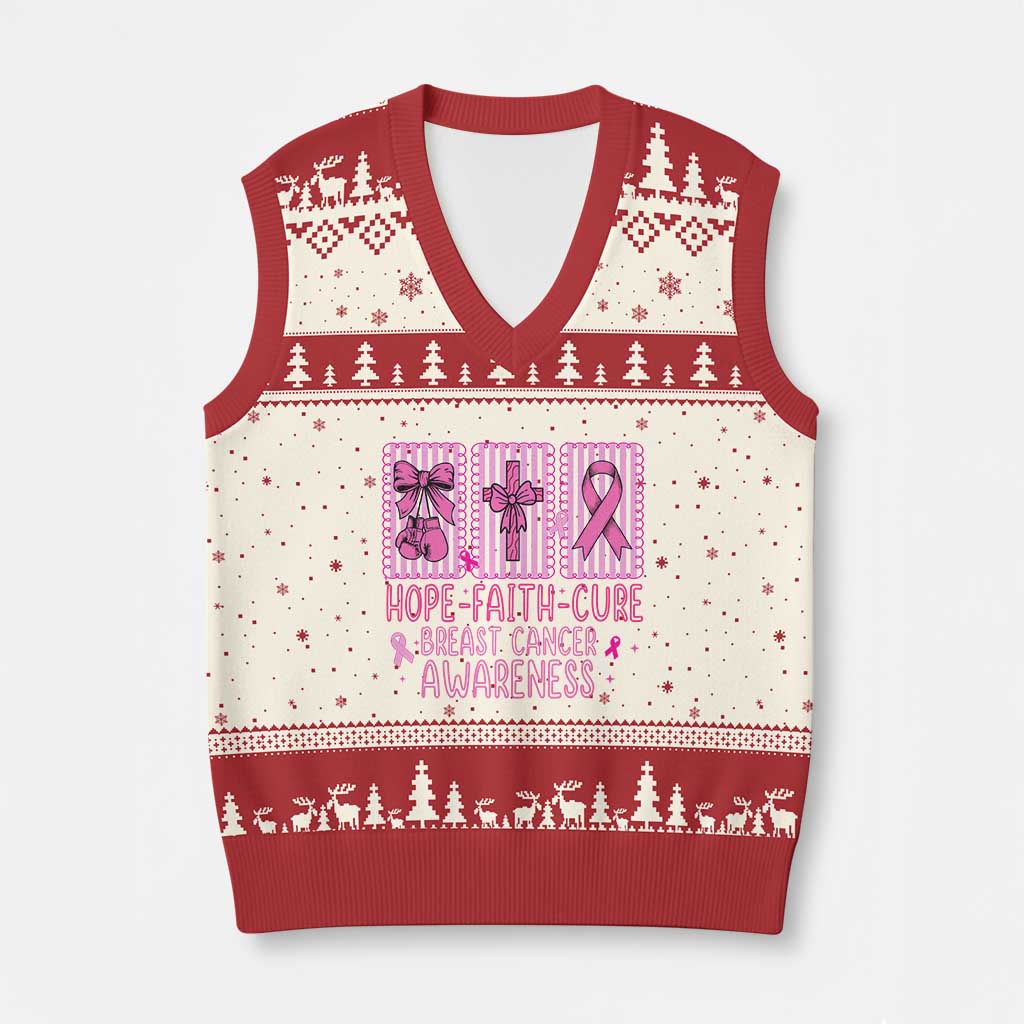 Hope Faith Cure Breast Cancer Awareness V-Neck Knit Sweater Vest Pink Ribbon Survivor Support Gift