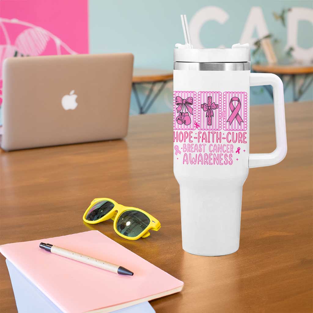 Hope Faith Cure Breast Cancer Awareness Tumbler With Handle Pink Ribbon Survivor Support Gift