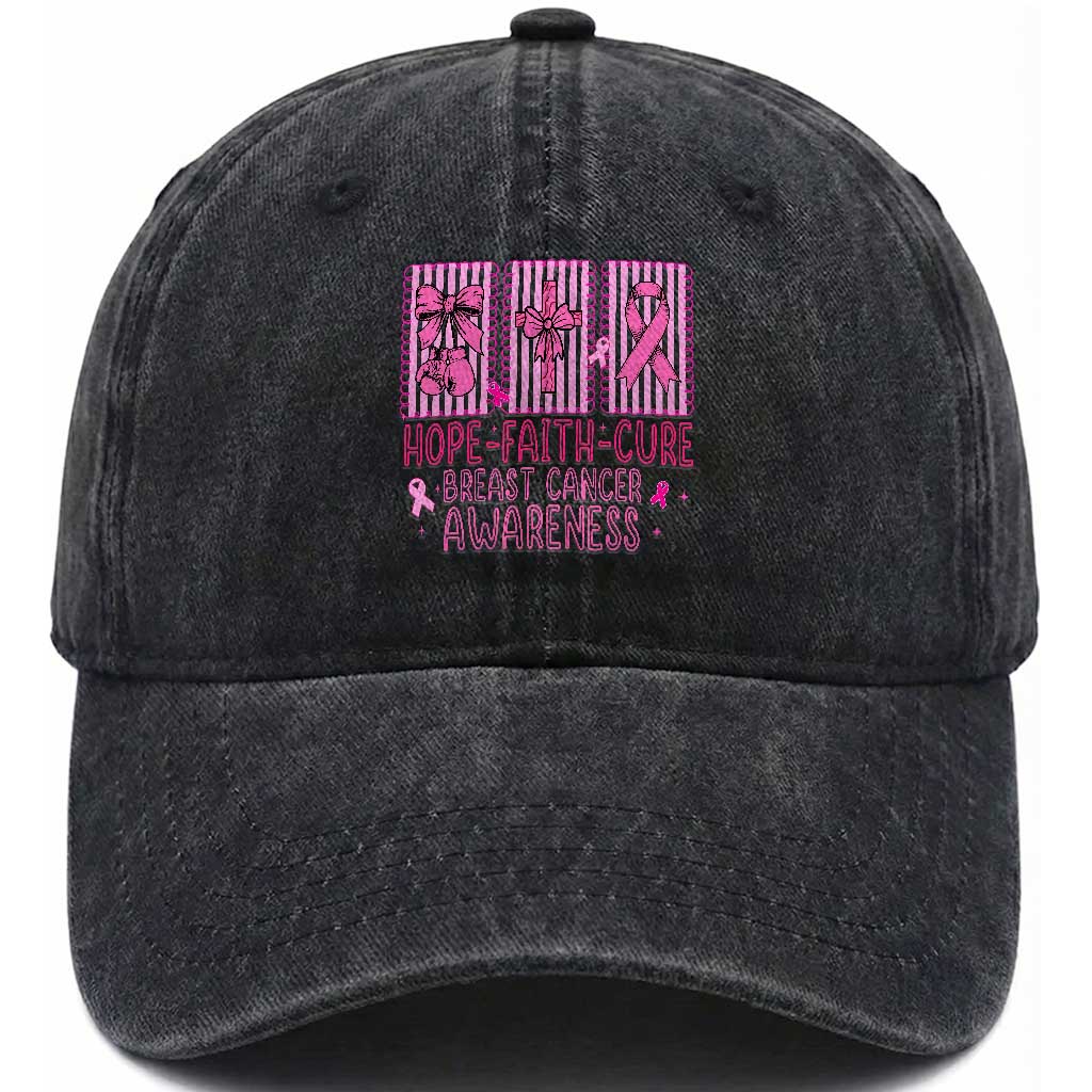 Hope Faith Cure Breast Cancer Awareness Washed Cotton Baseball Cap Pink Ribbon Survivor Support Gift