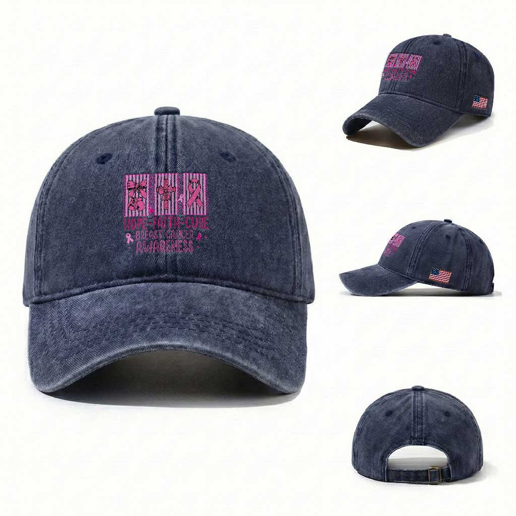 Hope Faith Cure Breast Cancer Awareness Washed Cotton Baseball Cap Pink Ribbon Survivor Support Gift