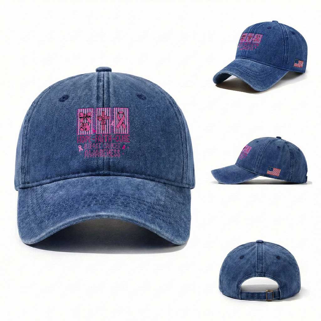 Hope Faith Cure Breast Cancer Awareness Washed Cotton Baseball Cap Pink Ribbon Survivor Support Gift