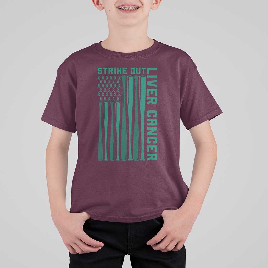 Strike Out Liver Cancer Baseball T Shirt For Kid American Flag Support Gift