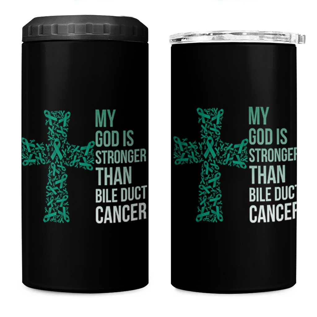 My God Is Stronger Than Bile Duct Cancer 4 in 1 Can Cooler Tumbler Faith Over Fear Support Gift
