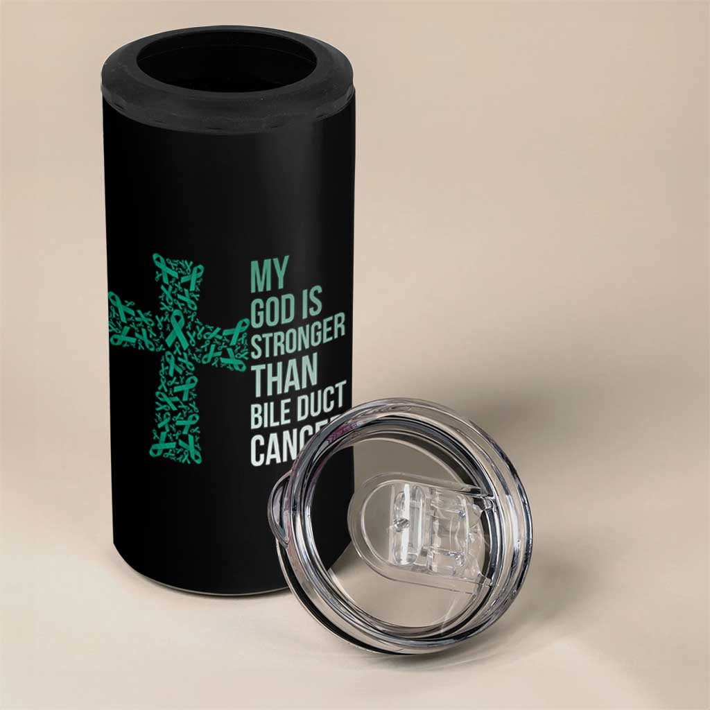 My God Is Stronger Than Bile Duct Cancer 4 in 1 Can Cooler Tumbler Faith Over Fear Support Gift