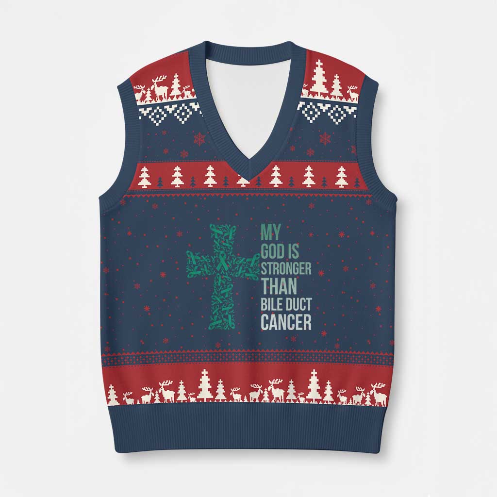 My God Is Stronger Than Bile Duct Cancer V-Neck Knit Sweater Vest Faith Over Fear Support Gift