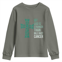 My God Is Stronger Than Bile Duct Cancer Youth Sweatshirt Faith Over Fear Support Gift