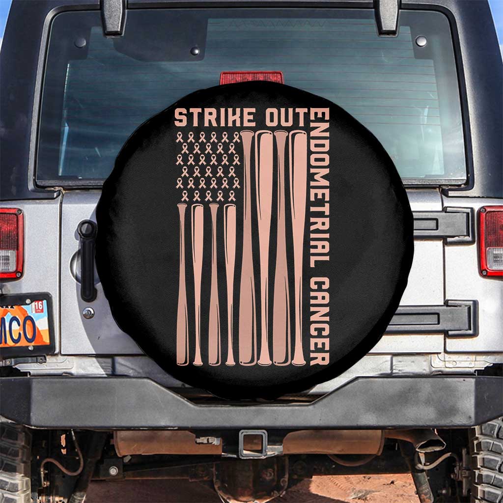 Strike Out Endometrial Cancer Baseball Spare Tire Cover Peach Ribbon American Flag Support Gift