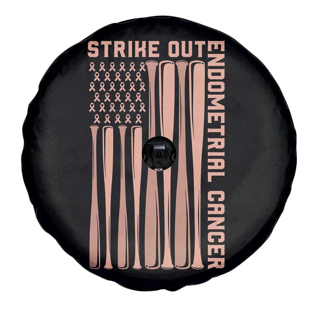 Strike Out Endometrial Cancer Baseball Spare Tire Cover Peach Ribbon American Flag Support Gift