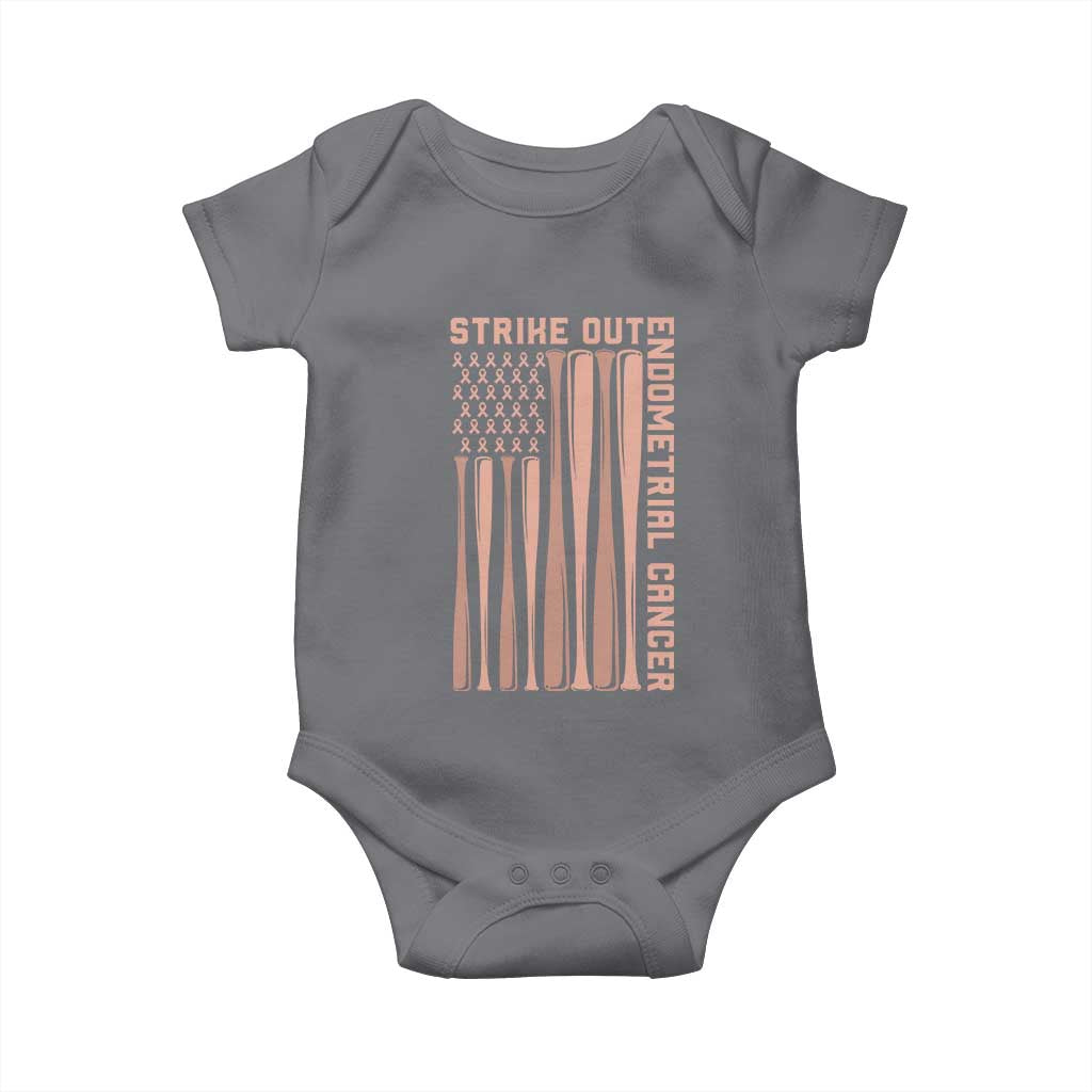 Strike Out Endometrial Cancer Baseball Baby Onesie Peach Ribbon American Flag Support Gift