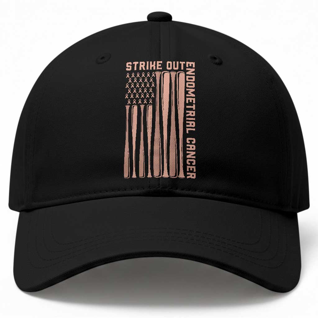 Strike Out Endometrial Cancer Baseball Baseball Cap Peach Ribbon American Flag Support Gift
