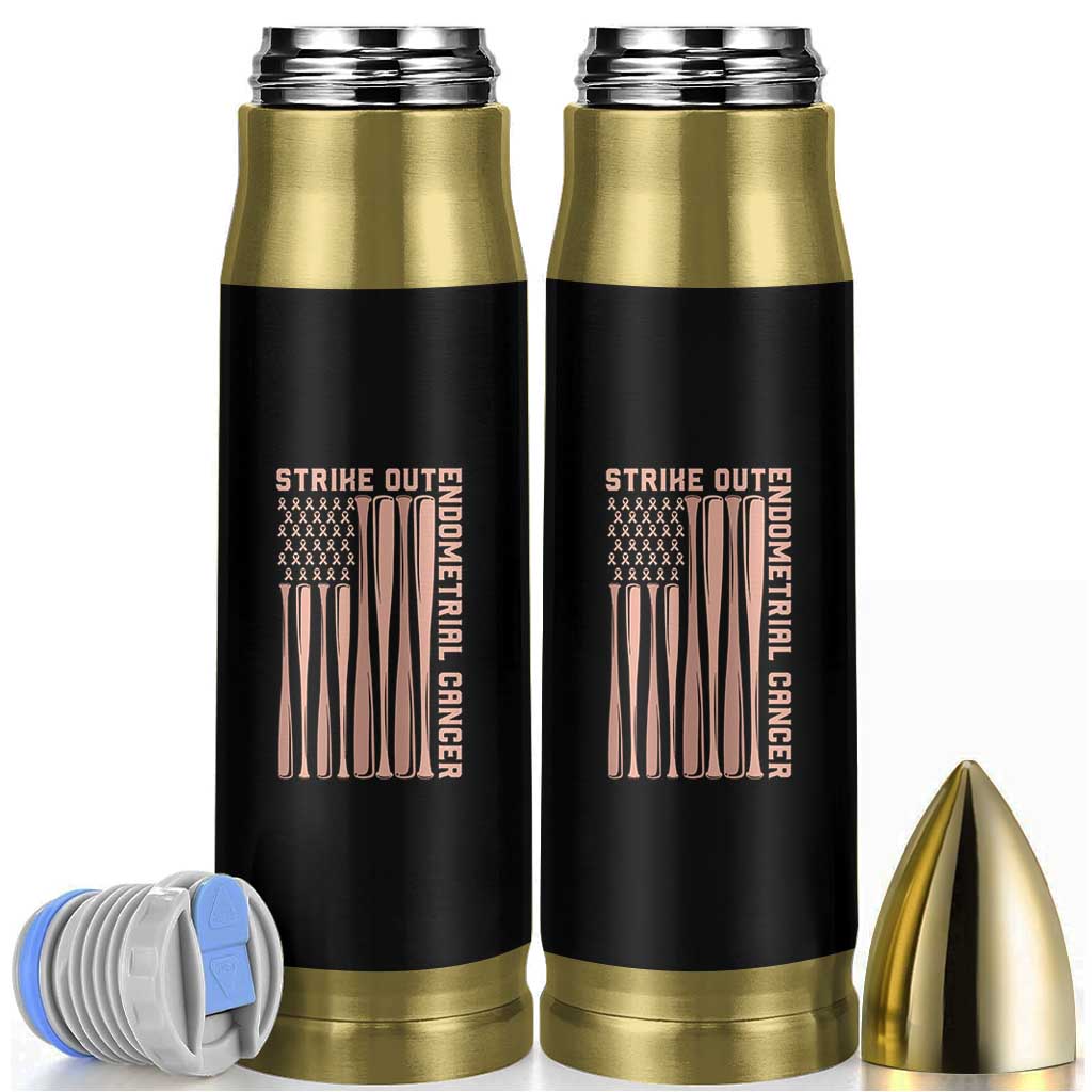 Strike Out Endometrial Cancer Baseball Bullet Tumbler Peach Ribbon American Flag Support Gift