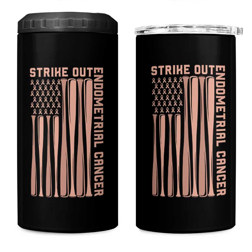 Strike Out Endometrial Cancer Baseball 4 in 1 Can Cooler Tumbler Peach Ribbon American Flag Support Gift