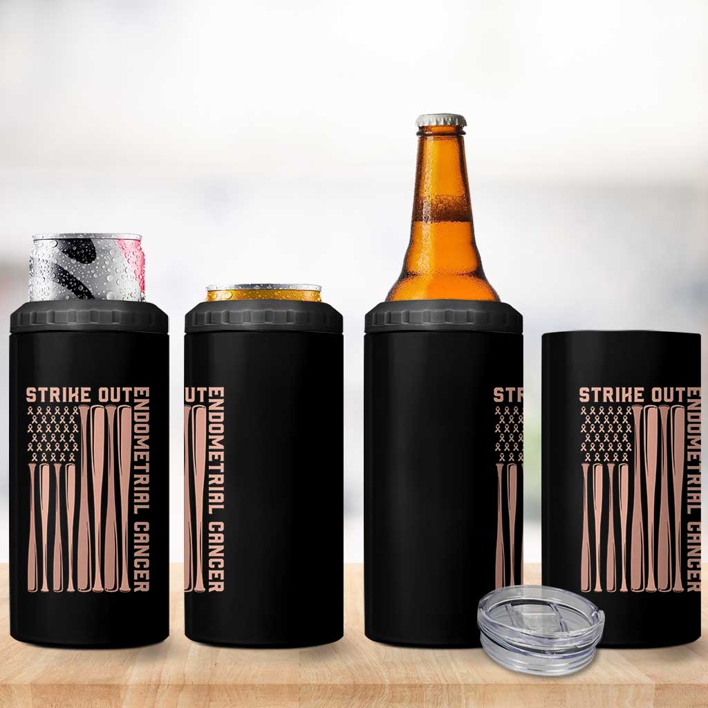 Strike Out Endometrial Cancer Baseball 4 in 1 Can Cooler Tumbler Peach Ribbon American Flag Support Gift
