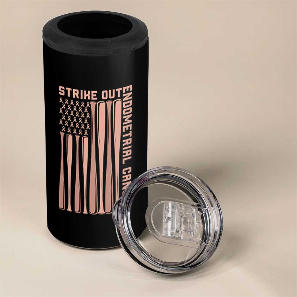Strike Out Endometrial Cancer Baseball 4 in 1 Can Cooler Tumbler Peach Ribbon American Flag Support Gift