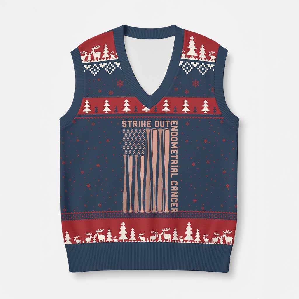 Strike Out Endometrial Cancer Baseball V-Neck Knit Sweater Vest Peach Ribbon American Flag Support Gift