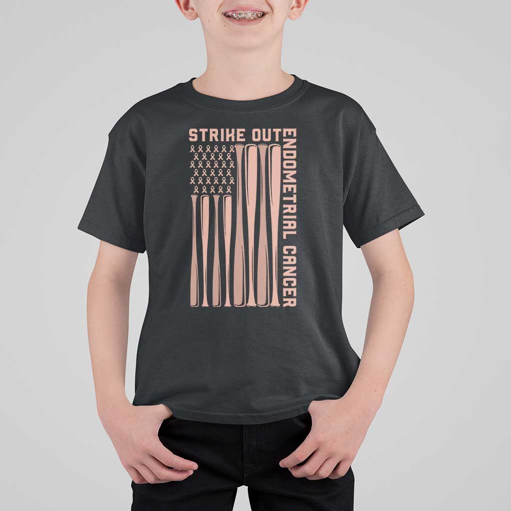Strike Out Endometrial Cancer Baseball T Shirt For Kid Peach Ribbon American Flag Support Gift